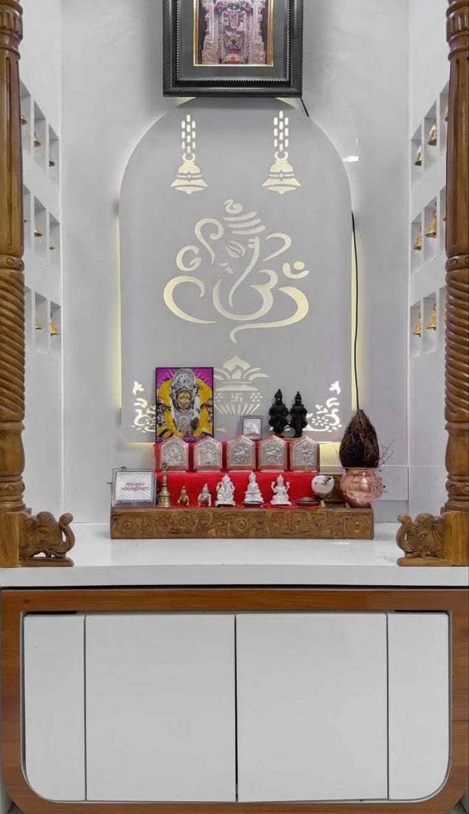 Contemporary pooja mandir for living room featuring teakwood frame, glossy white base, and divine glow