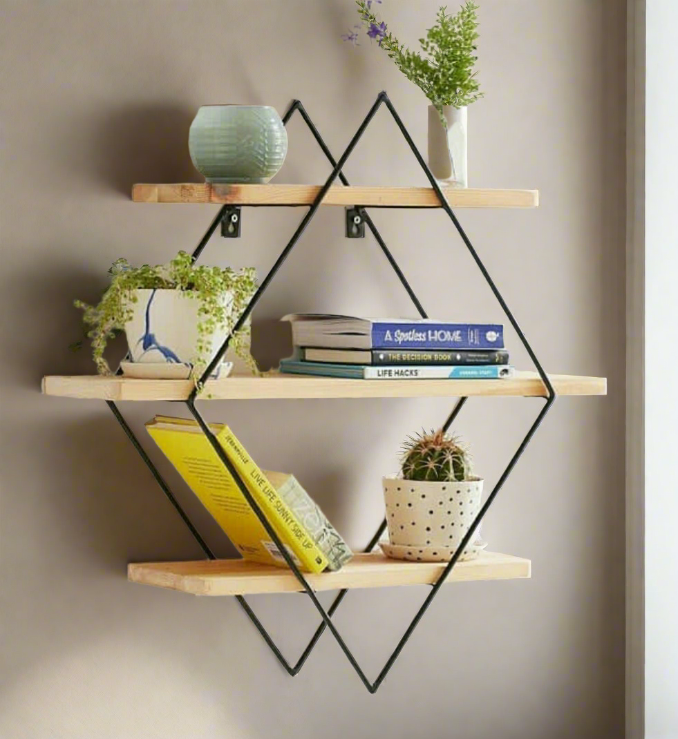 Modern Geometric Wall Shelf – Stylish Wooden and Metal Storage for Home Décor
