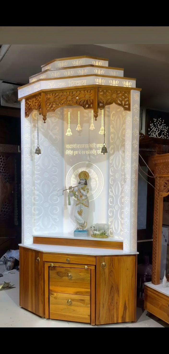 Spacious teak wood pooja mandir featuring LED lighting and Corian backlit wall, designed for serene daily rituals.