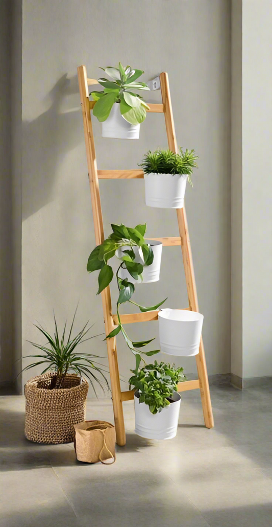 Wooden Ladder Plant Stand with Hanging White Pots for Modern Indoor Gardening