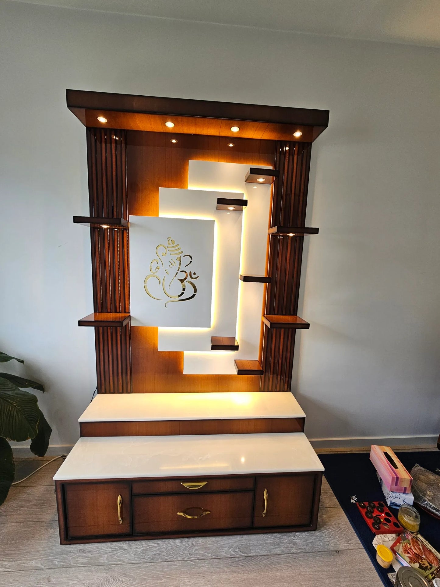 Modern Wooden Pooja Mandir with LED Lights and Storage Drawers – Home Temple Unit for Living Room | Modern Design Hindu Temple for Home