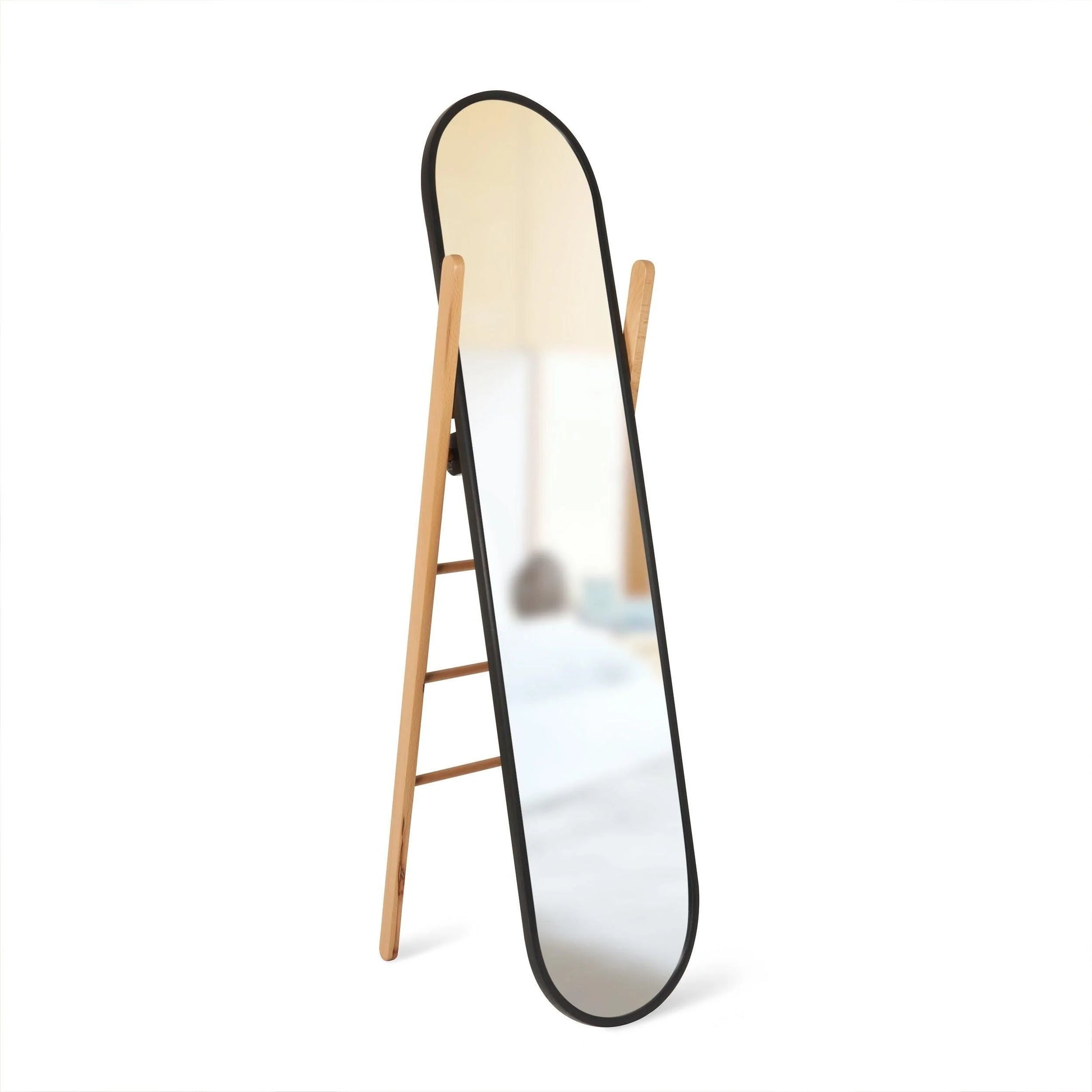 Stylish oval standing mirror with built-in rack for clothes and towels