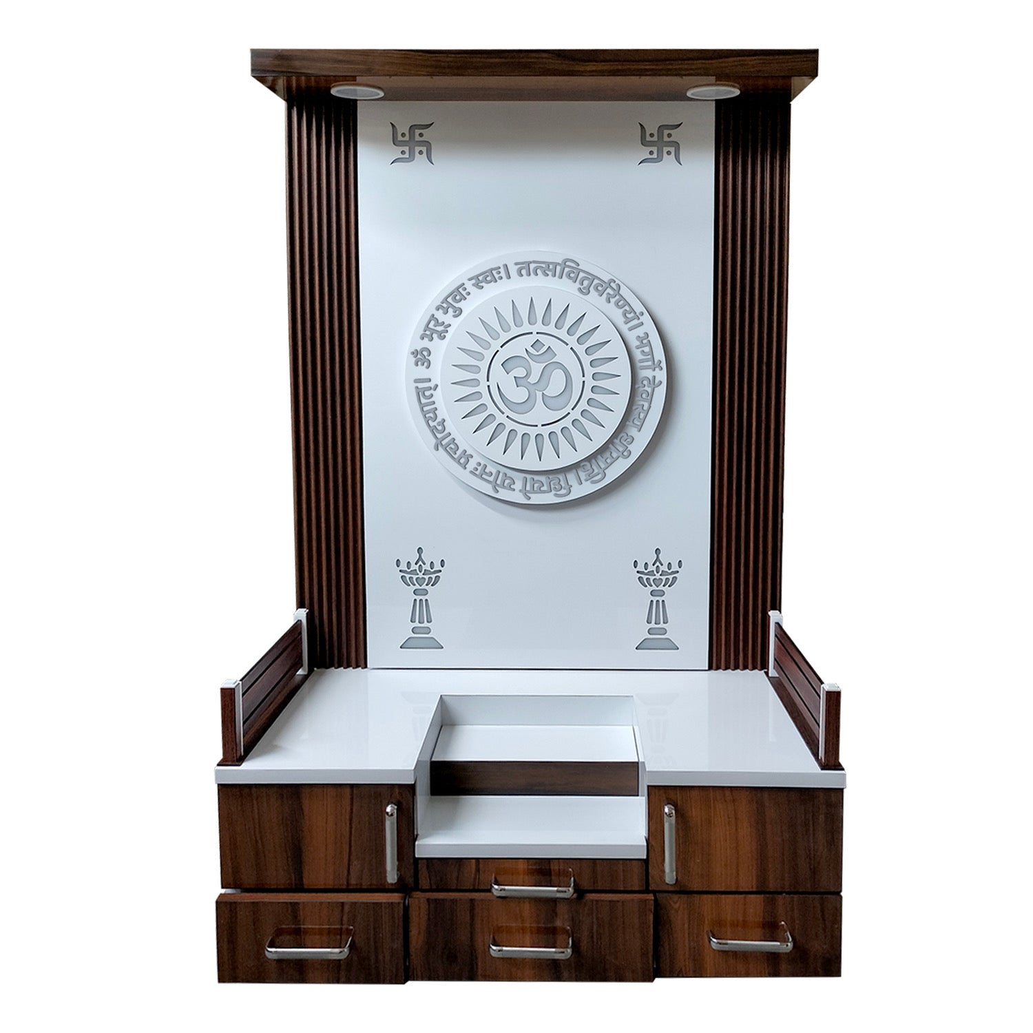 Elegant wooden temple for home with LED-lit OM symbol and closed drawer storage, ideal for spiritual decor