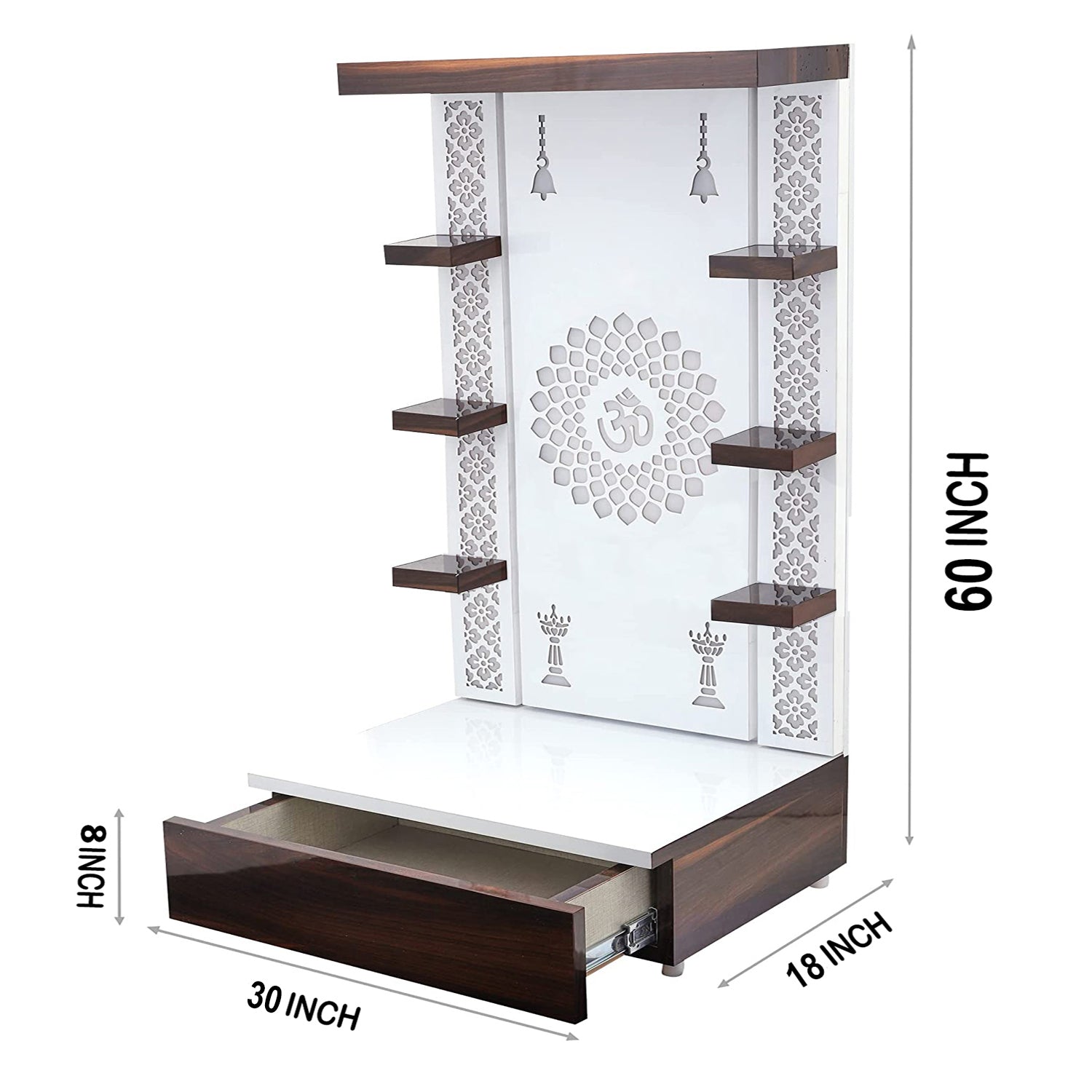 Indian style wooden pooja mandir with spiritual symbols and ambient lighting