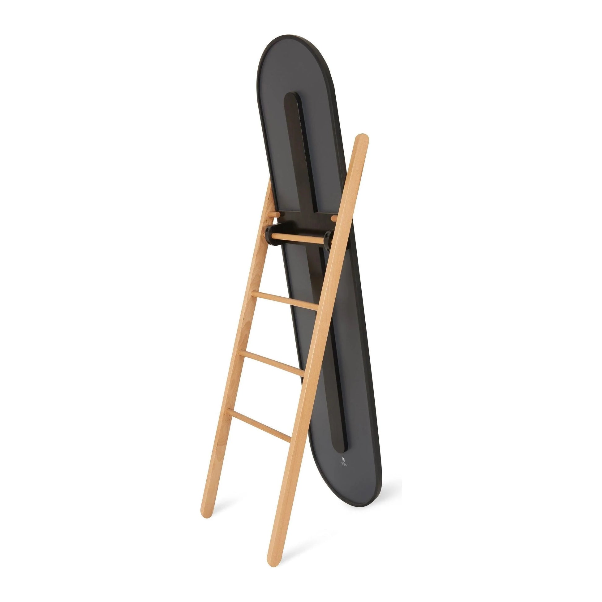 Contemporary oval floor mirror with multi-functional wooden ladder frame