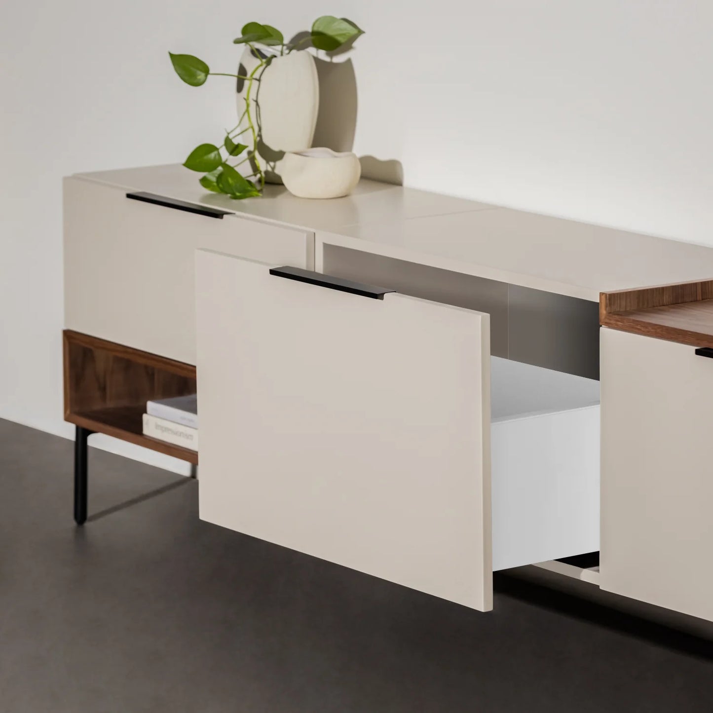 Modern Minimalist TV Cabinet with Storage - Sleek Media Console in Neutral Finish and Wooden Accents