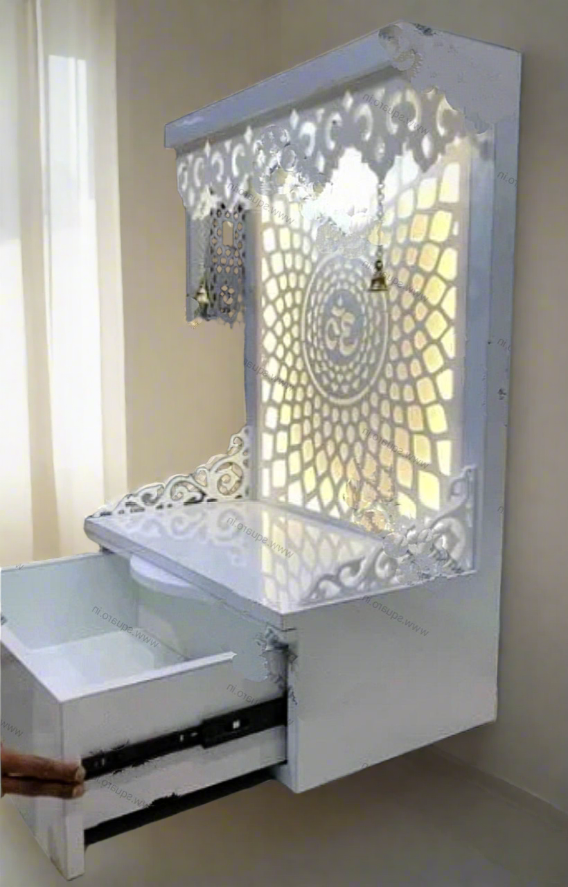 Compact White Pooja Mandir with Backlit Om Design, Drawer Storage, and Carved Detailing