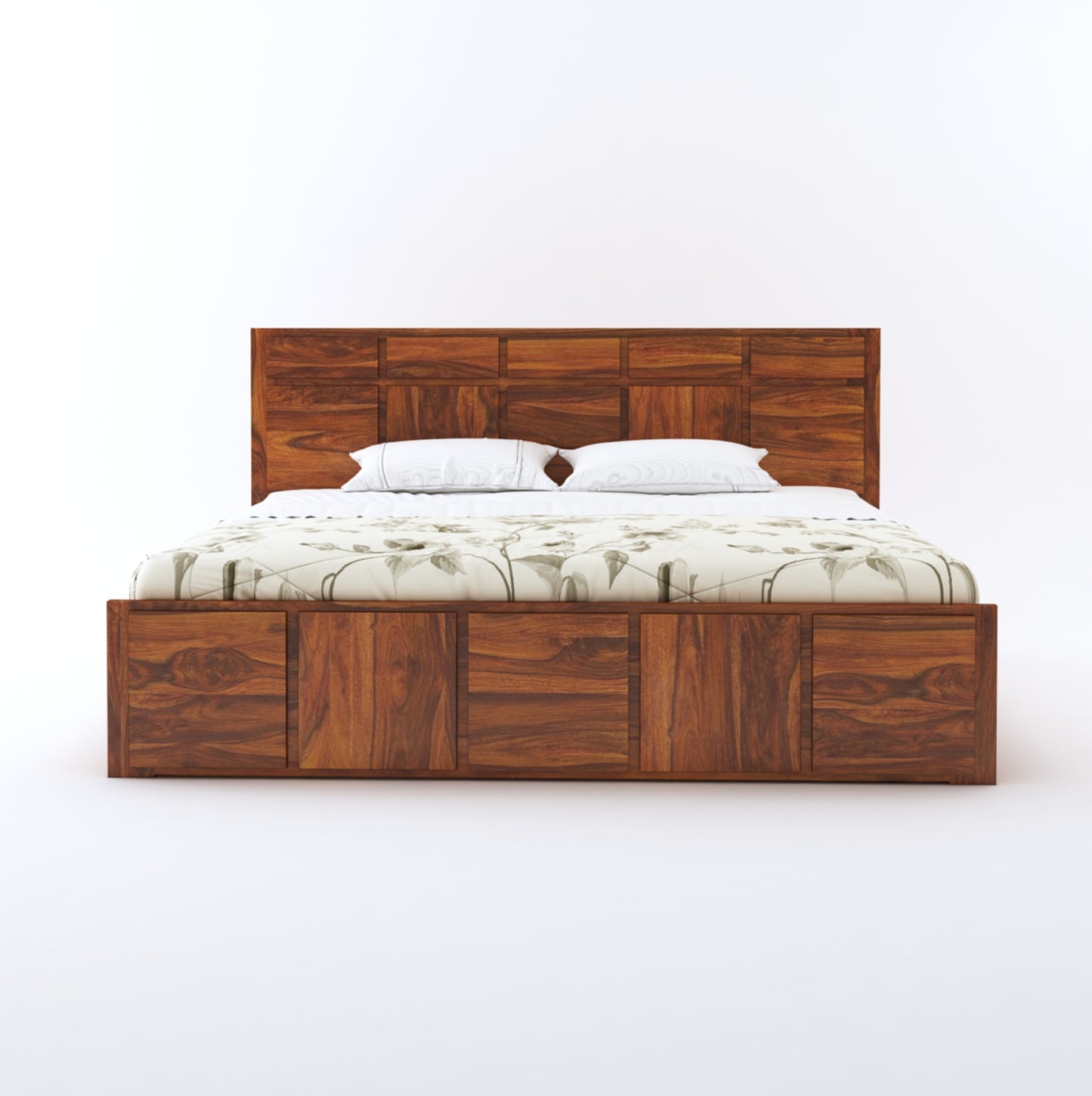 Elegant King Size Solid Wood Double Bed with Storage – Modern Bedroom Furniture - Solid Sheesham Wood Double Bed with Storage and Minimalist Panel Design
