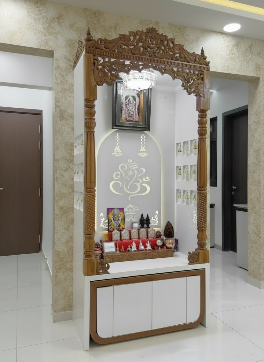Elegant teakwood pooja mandir with carved wooden arch and white acrylic background for home decor