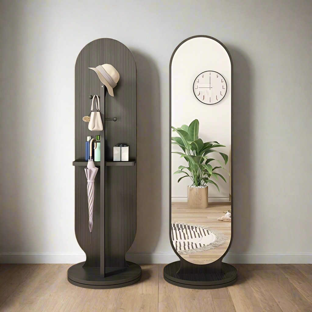 360° rotating black arched floor mirror with wooden base and storage hooks for coats, bags, umbrellas, and accessories.