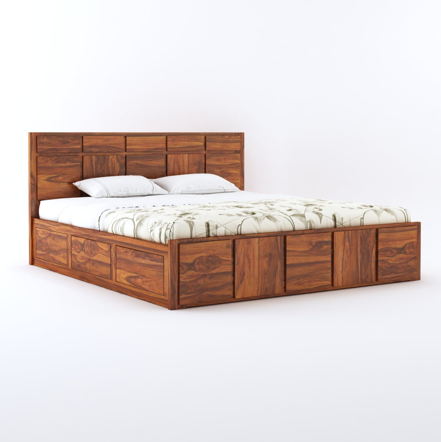 Elegant King Size Solid Wood Double Bed with Storage – Modern Bedroom Furniture - Solid Sheesham Wood Double Bed with Storage and Minimalist Panel Design