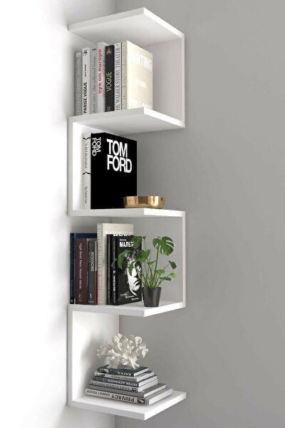 Modern white 4-tier corner wall shelf with books, decorative items, and indoor plant displayed in a minimalist interior.