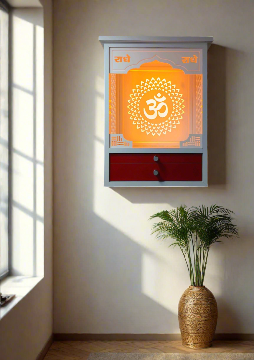 Elegant wall-mounted home temple crafted with durable Corian and acrylic laminate, featuring a glowing Om symbol and spacious storage drawers.