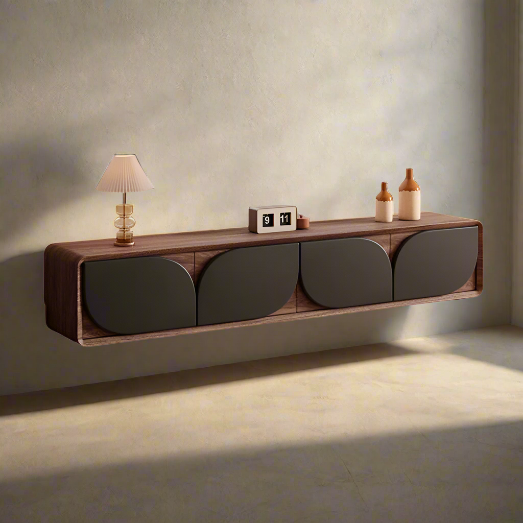 Luxury American Walnut Wood TV Cabinet with Modern Minimalist Design – Imported Media Console Unit | Contemporary TV Cabinet with Black Curved Doors | Media Console for Elegant Living Rooms