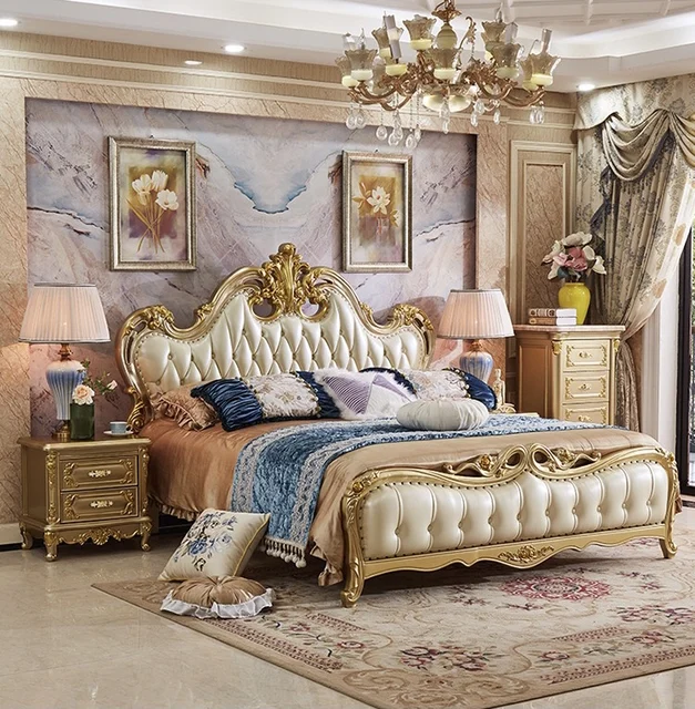 This Royal Cream finish luxury carved wooden bed makes your bedroom luxurious Royal Designer Double Bed with Luxurious Upholstery and Ornate Gold