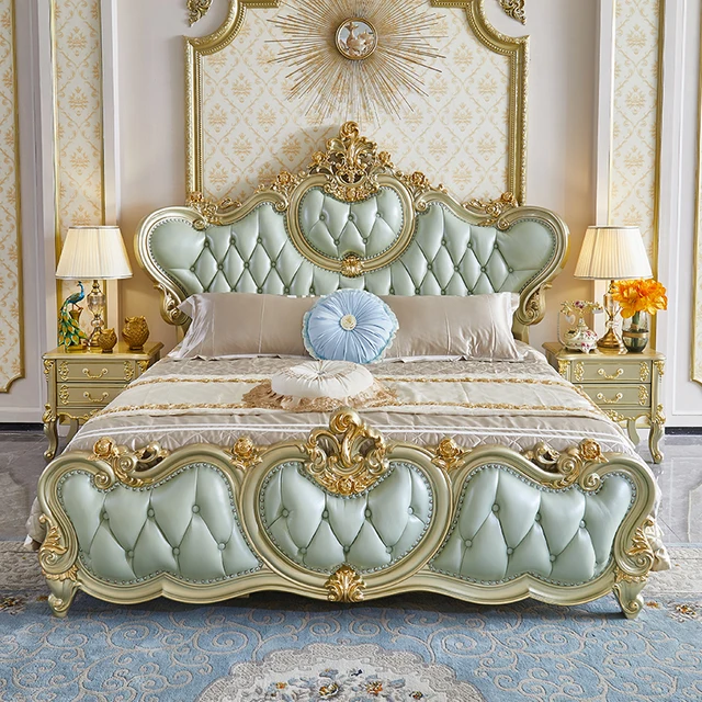 This Royal light blueish finish luxury carved wooden bed makes your bedroom luxurious - Luxurious Vintage-Style Double Bed with Elegant Tufted Headboard and Ornate Gold Detailing
