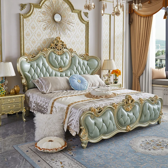This Royal light blueish finish luxury carved wooden bed makes your bedroom luxurious - Luxurious Vintage-Style Double Bed with Elegant Tufted Headboard and Ornate Gold Detailing