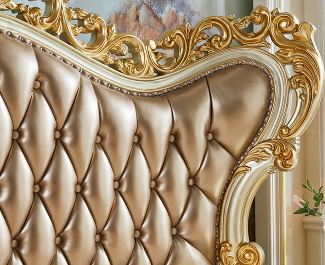 Royal luxury Italian Carved Wooden King Size Bed - Luxury Gold Upholstered Double Bed with Ornate Headboard and Elegant Design