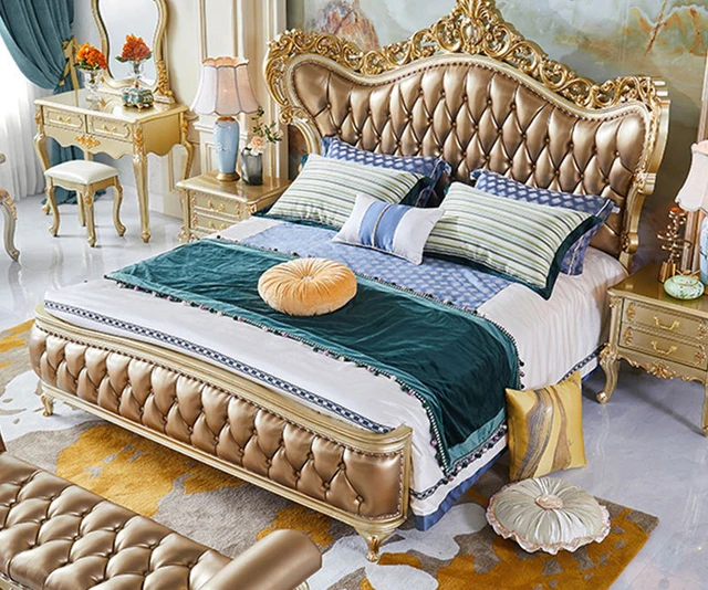 Royal luxury Italian Carved Wooden King Size Bed - Luxury Gold Upholstered Double Bed with Ornate Headboard and Elegant Design