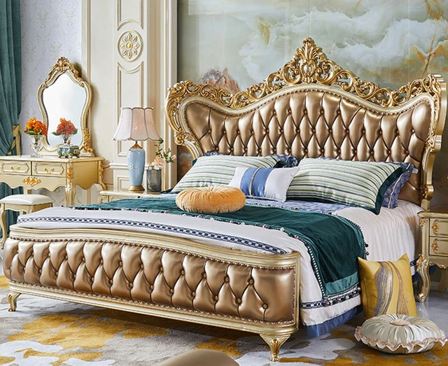 Royal luxury Italian Carved Wooden King Size Bed - Luxury Gold Upholstered Double Bed with Ornate Headboard and Elegant Design