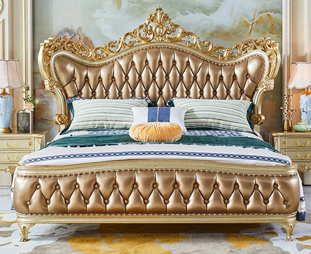 Royal luxury Italian Carved Wooden King Size Bed - Luxury Gold Upholstered Double Bed with Ornate Headboard and Elegant Design