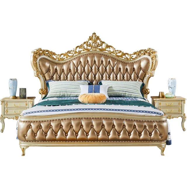 Royal luxury Italian Carved Wooden King Size Bed - Luxury Gold Upholstered Double Bed with Ornate Headboard and Elegant Design