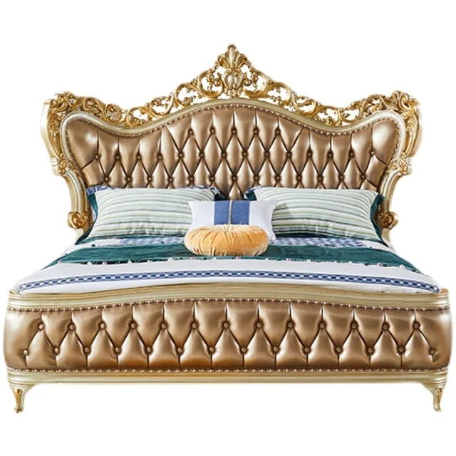 Royal luxury Italian Carved Wooden King Size Bed - Luxury Gold Upholstered Double Bed with Ornate Headboard and Elegant Design