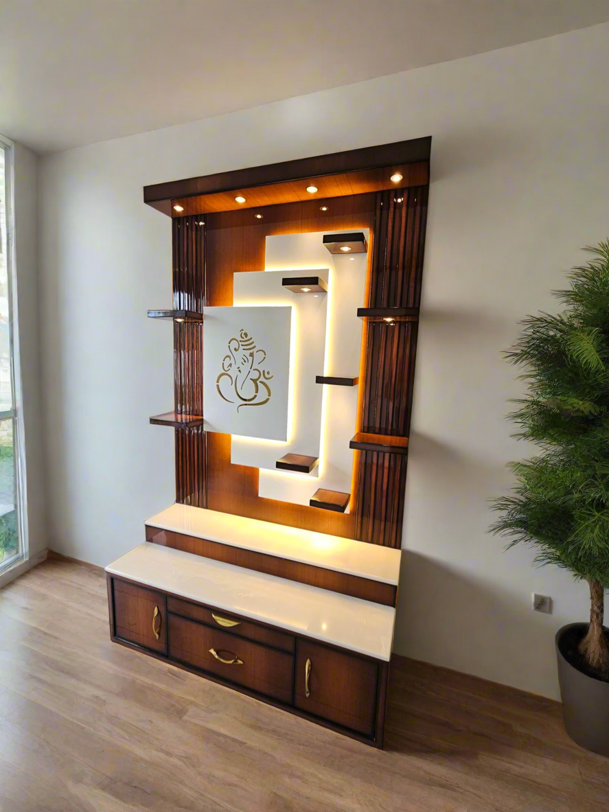 Corner view of modern wooden temple with backlit panel and white marble surface