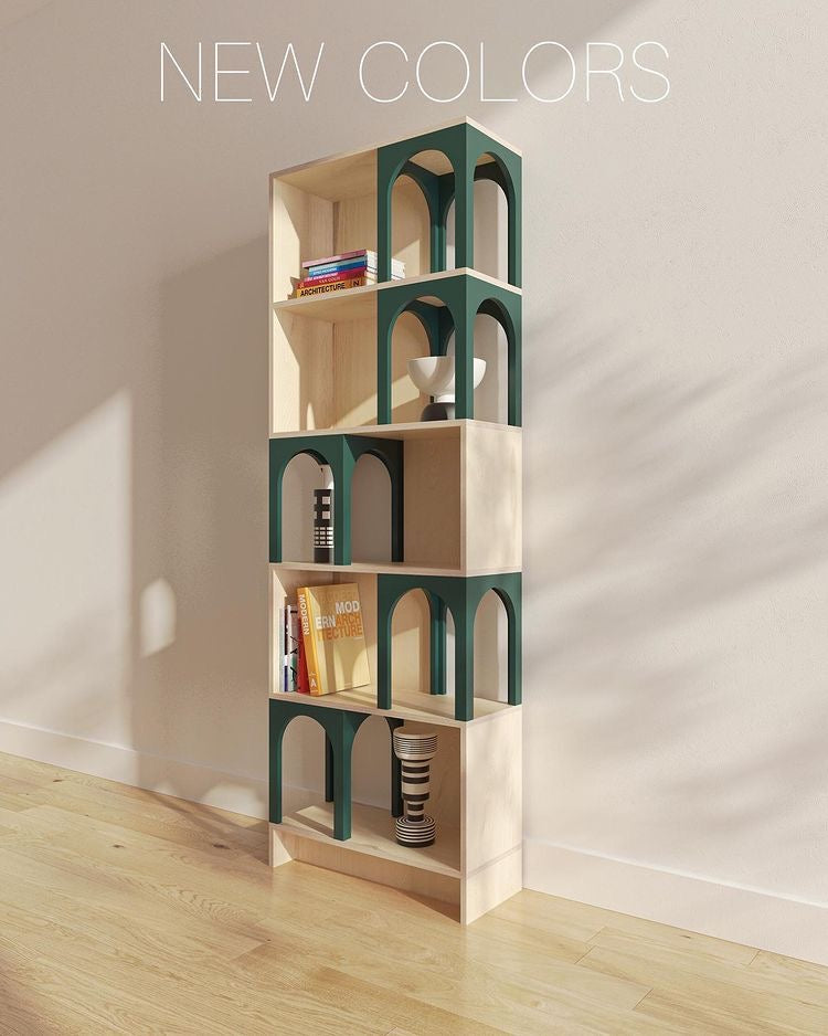Modern wooden bookshelf with open shelves in natural wood finish – minimalist home storage solution