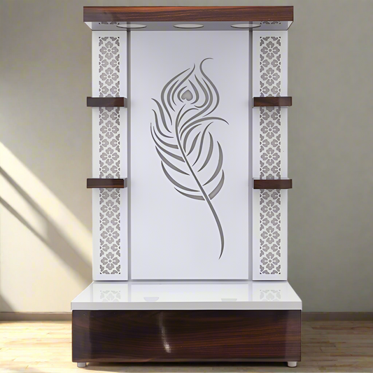 A stylish home temple with a laser-cut peacock feather design, intricate floral side panels, and dark brown wooden accents. Features LED lighting, wall-mounted shelves, and a spacious storage drawer for essentials.