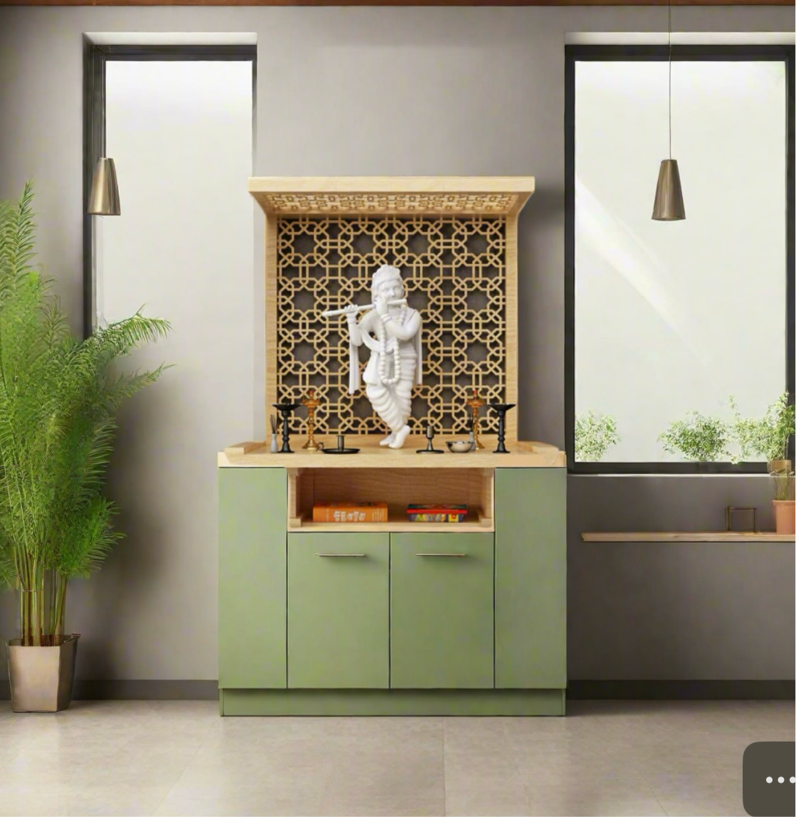 This premium home temple combines traditional wooden craftsmanship with a modern storage solution, featuring an elegant jali back panel and a divine idol setup. A perfect addition to your home decor.