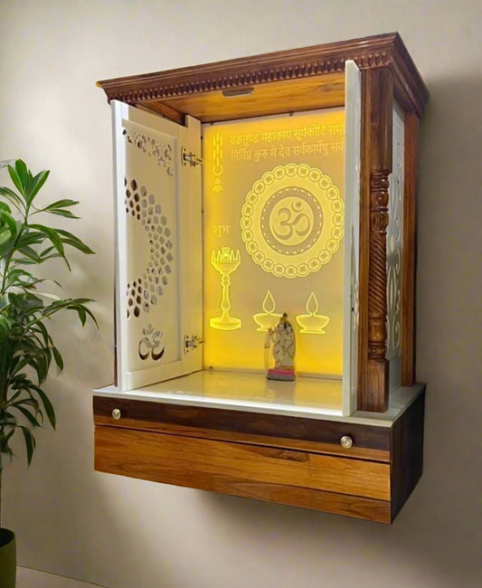 Luxury teakwood and Corian pooja mandir with LED-lit Om symbol and laser-cut double doors, ideal for modern home temple decor.