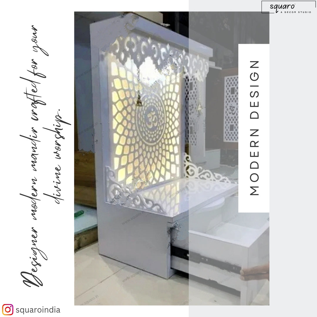 Compact White Pooja Mandir with Backlit Om Design, Drawer Storage, and Carved Detailing