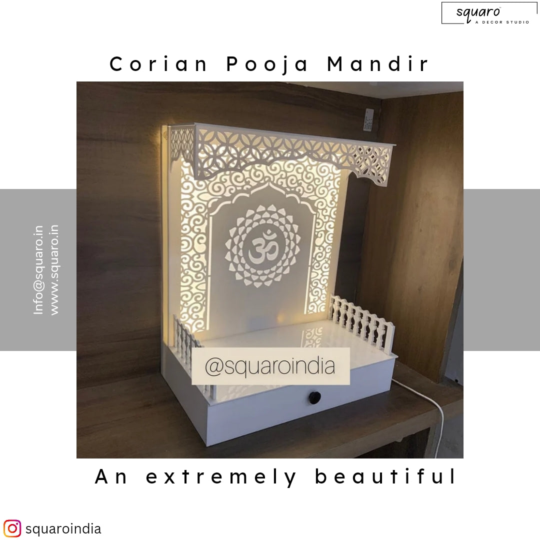 Exquisite handcrafted wooden temple with warm LED backlighting, intricate latticework, and storage drawers, ideal for enhancing any home's spiritual ambiance.