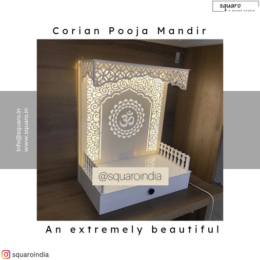 Exquisite handcrafted wooden temple with warm LED backlighting, intricate latticework, and storage drawers, ideal for enhancing any home's spiritual ambiance.