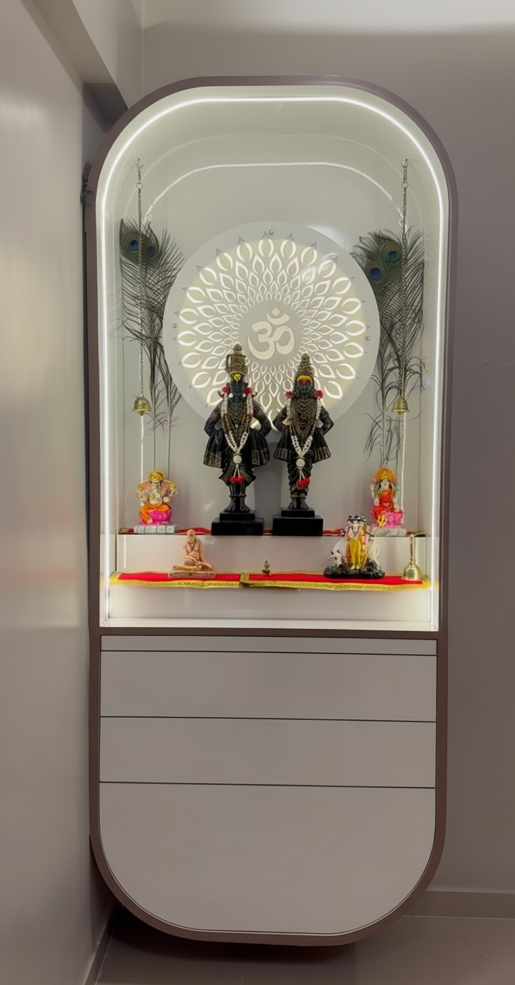 (Exclusive)-Premium Modern Pooja Mandir for Home – Acrylic White Finish with LED Backlit Om Panel, Curve Arch Design & Storage Drawers