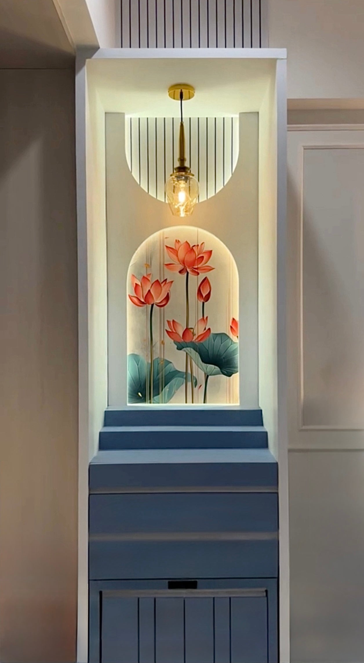 Compact pooja mandir for home with lotus backdrop, step base, and elegant modern design in wood.