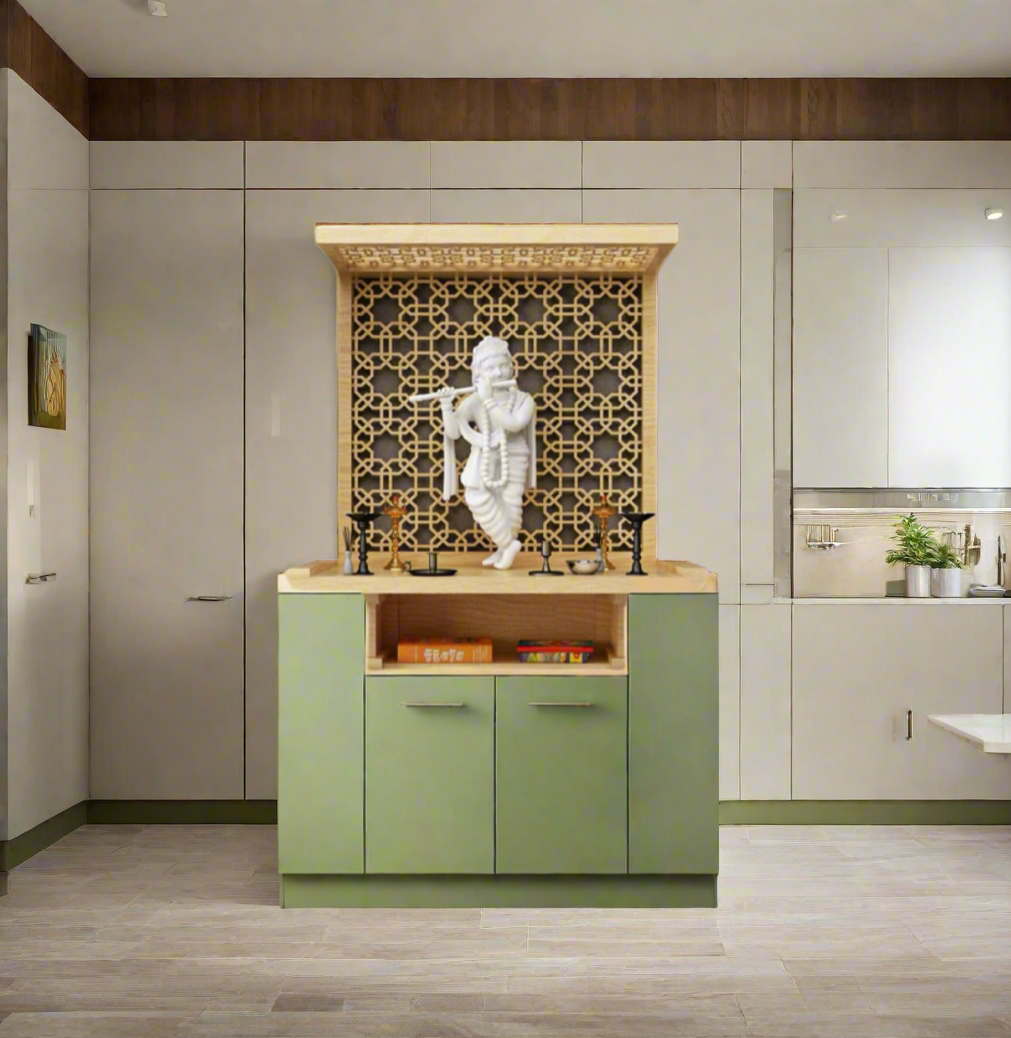 A stunning pooja mandir crafted from high-quality wood, featuring a decorative jali panel and spacious storage. Ideal for home interiors, bringing a blend of tradition and modern design.