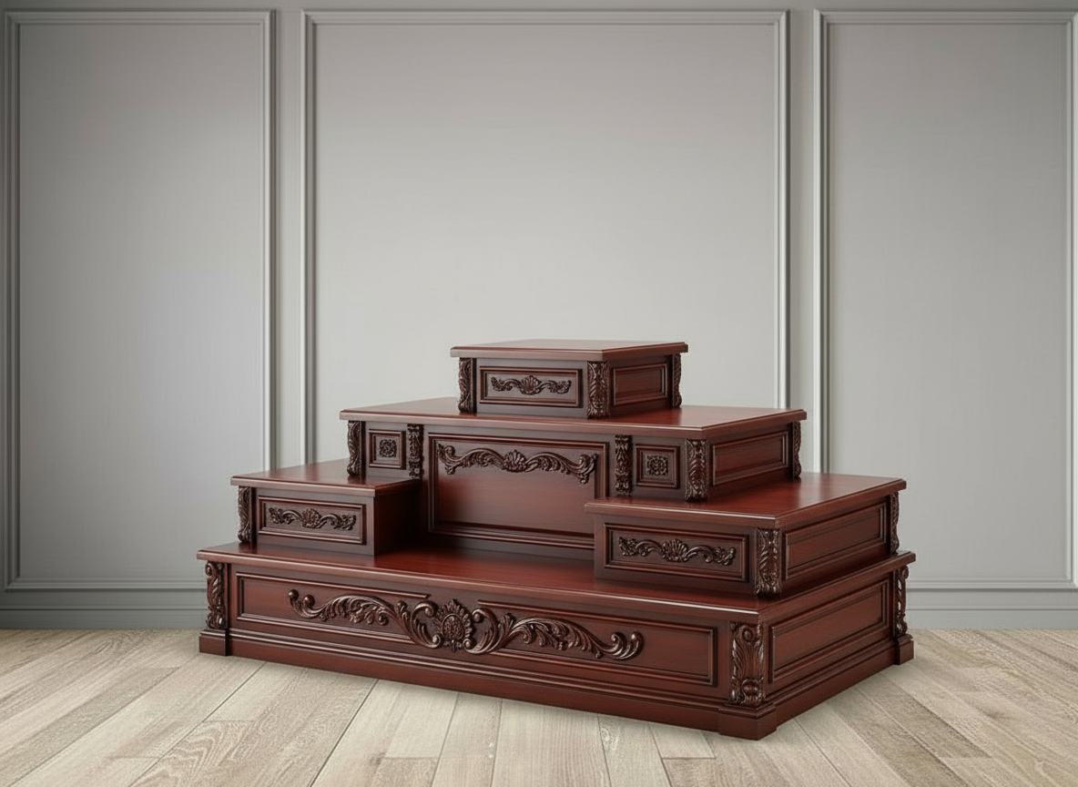 Side angle of premium teakwood pooja chowki with step design and ornate floral carvings.