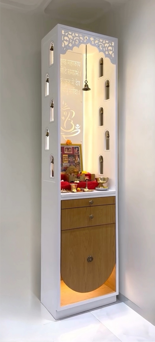 Modern Wooden Pooja Mandir Design for Home with LED Lights and Storage | Compact Temple Unit for Small Spaces