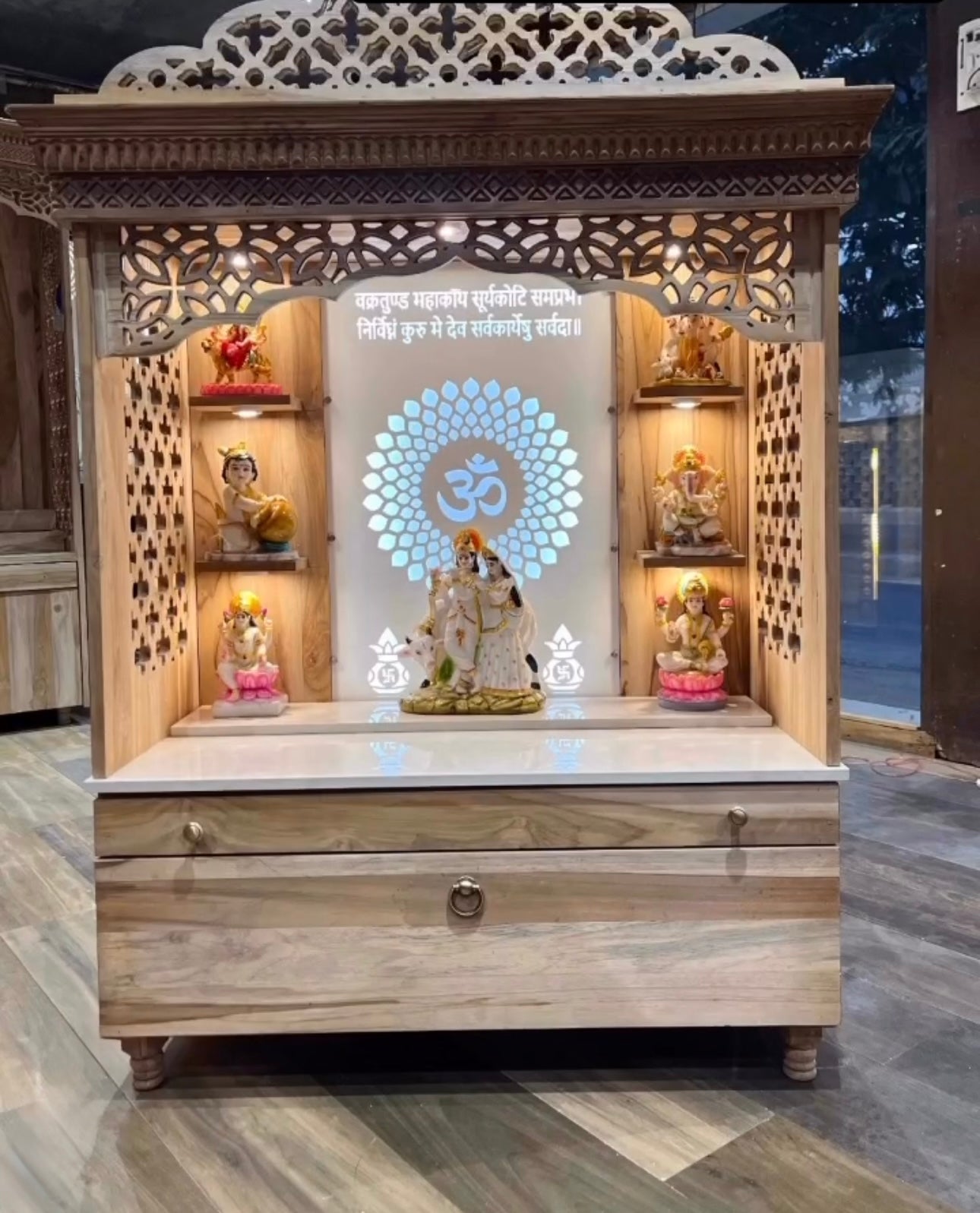 Designer wooden pooja mandir with OM backlit acrylic panel and elegant carvings