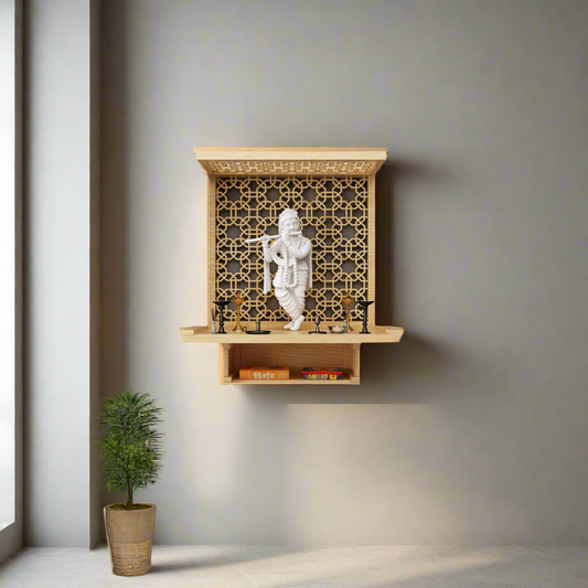 Contemporary compact mandir for urban homes featuring artisan wooden work and a divine marble Krishna idol.
