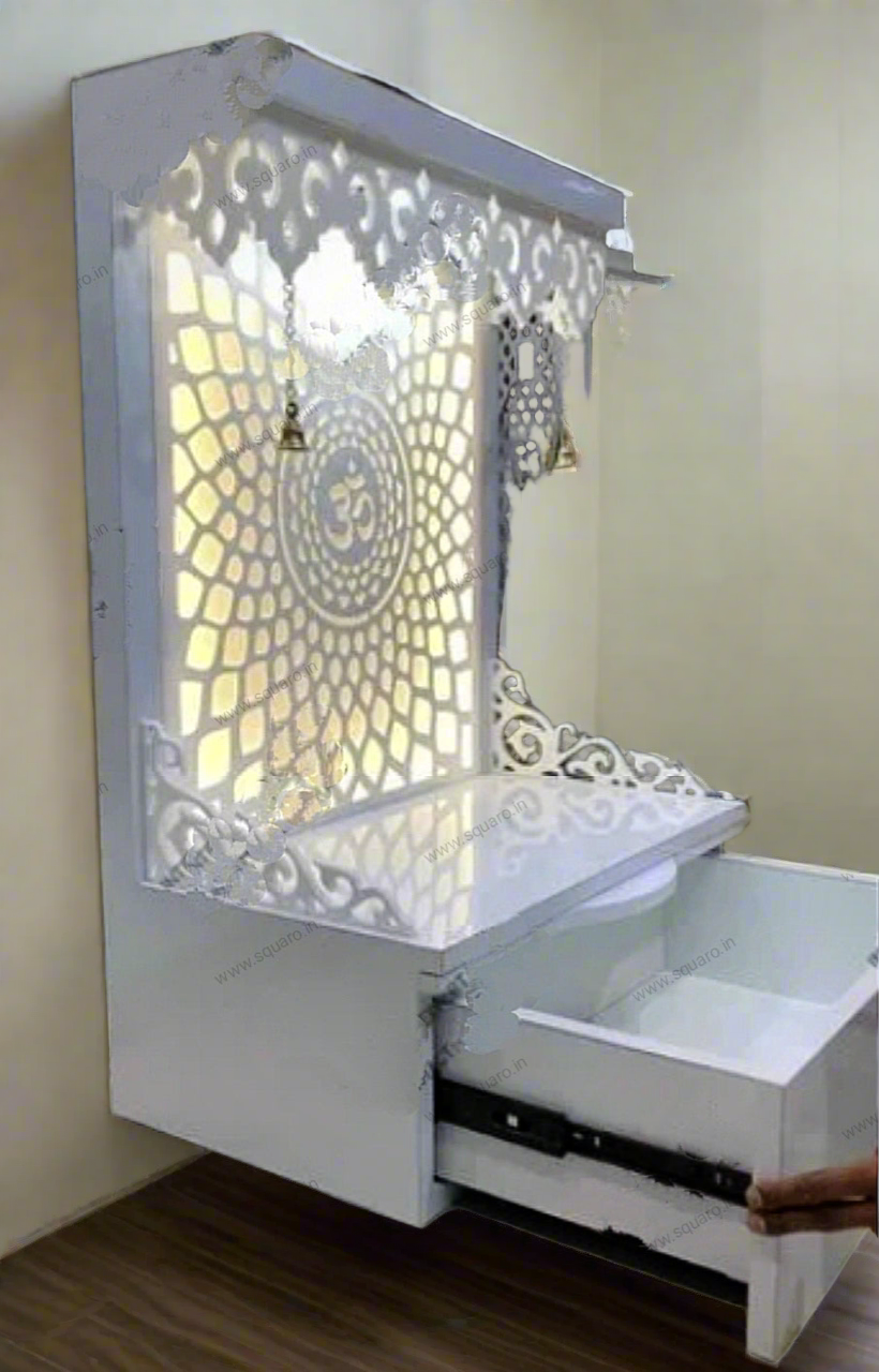 Compact White Pooja Mandir with Backlit Om Design, Drawer Storage, and Carved Detailing