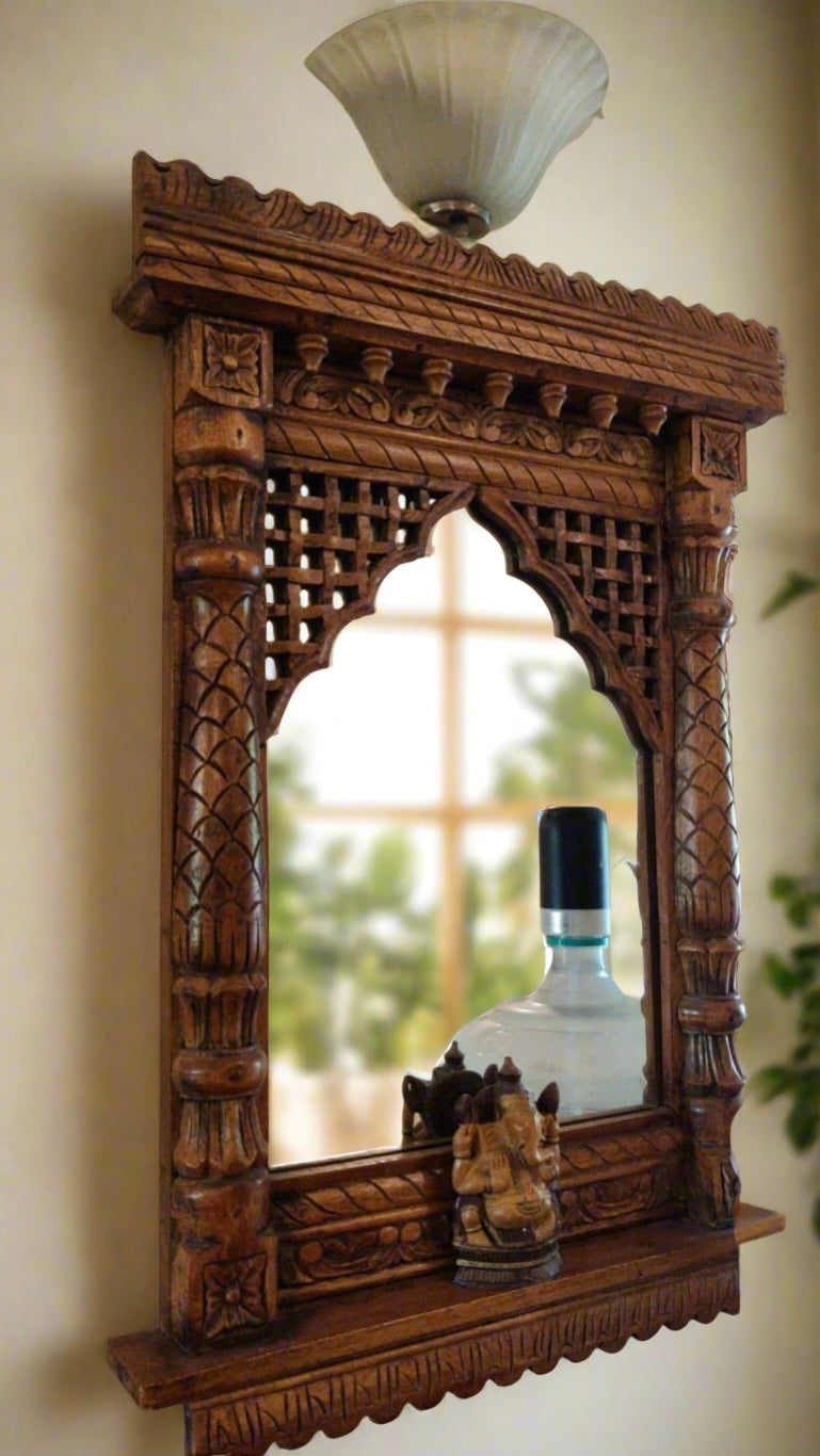 Antique finish wooden Jharokha wall hanging mirror with Ganesh idol and ethnic lattice design – Indian handicraft home decor.