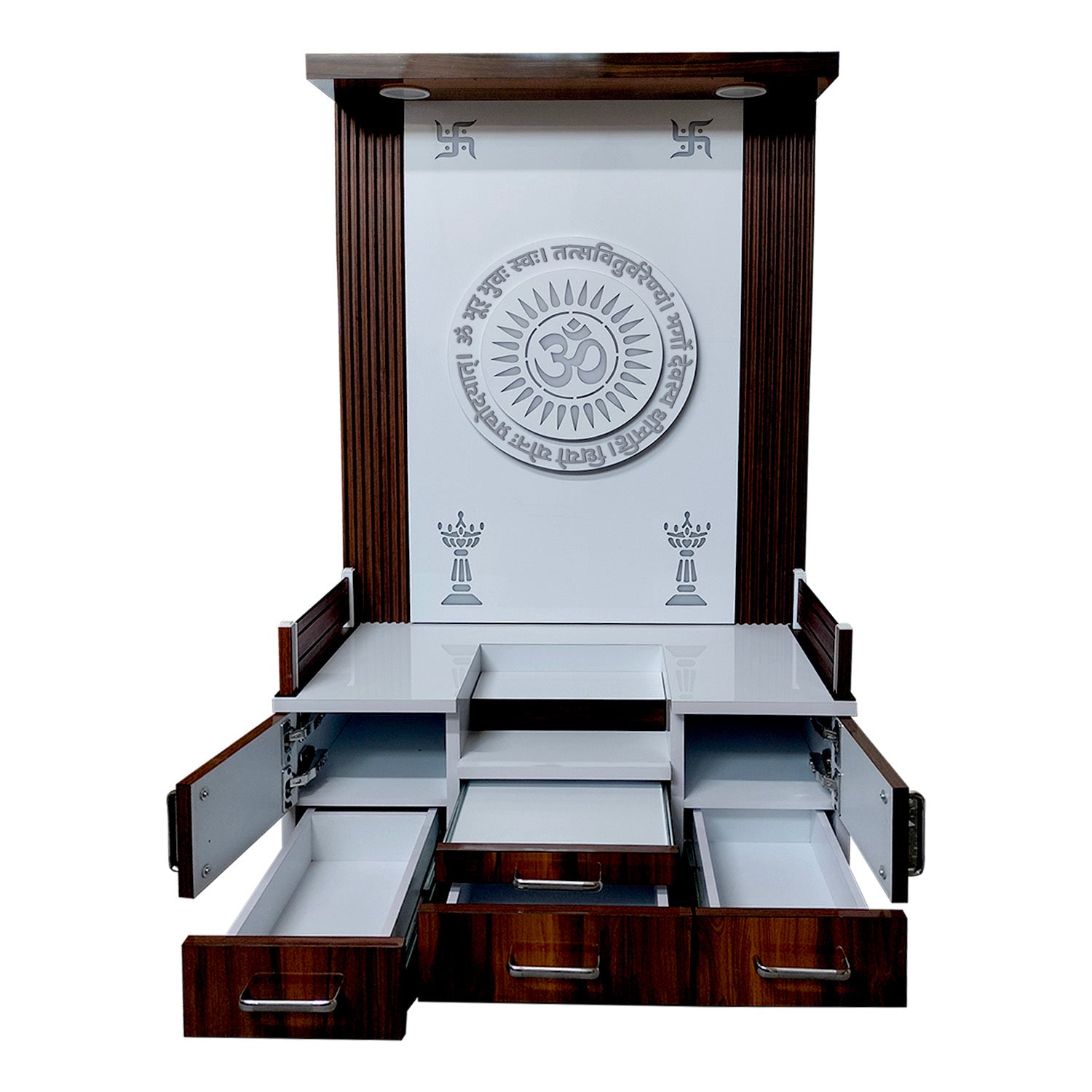 Wooden pooja mandir with open drawers and backlit Om symbol