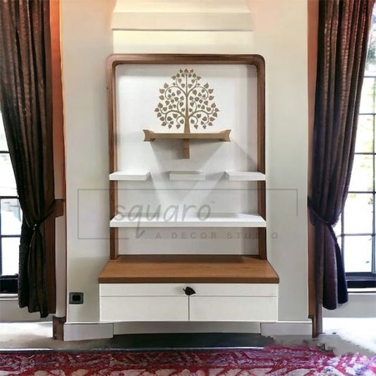 Elegant wooden and white pooja mandir with a tree of life design, perfect for home temples. Features multiple shelves and storage drawers.