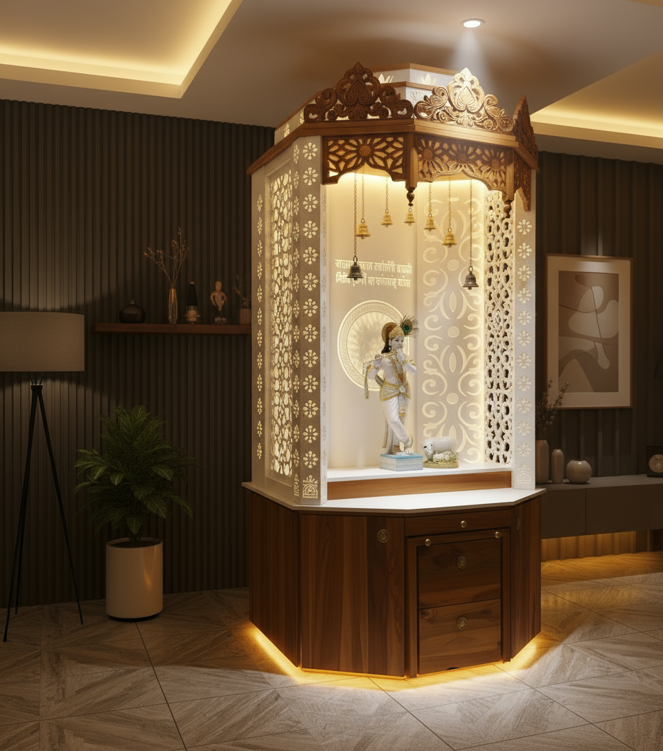 Modern teak wood mandir with warm LED illumination and intricate Corian backlit floral design.
