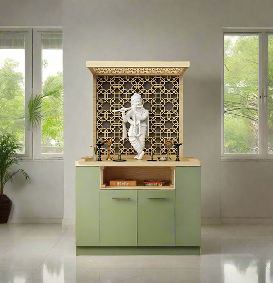 A beautifully handcrafted wooden pooja temple featuring an intricate laser-cut jali design and a white Krishna idol. Ideal for home prayer rooms, this stylish and modern mandir enhances spiritual ambiance.