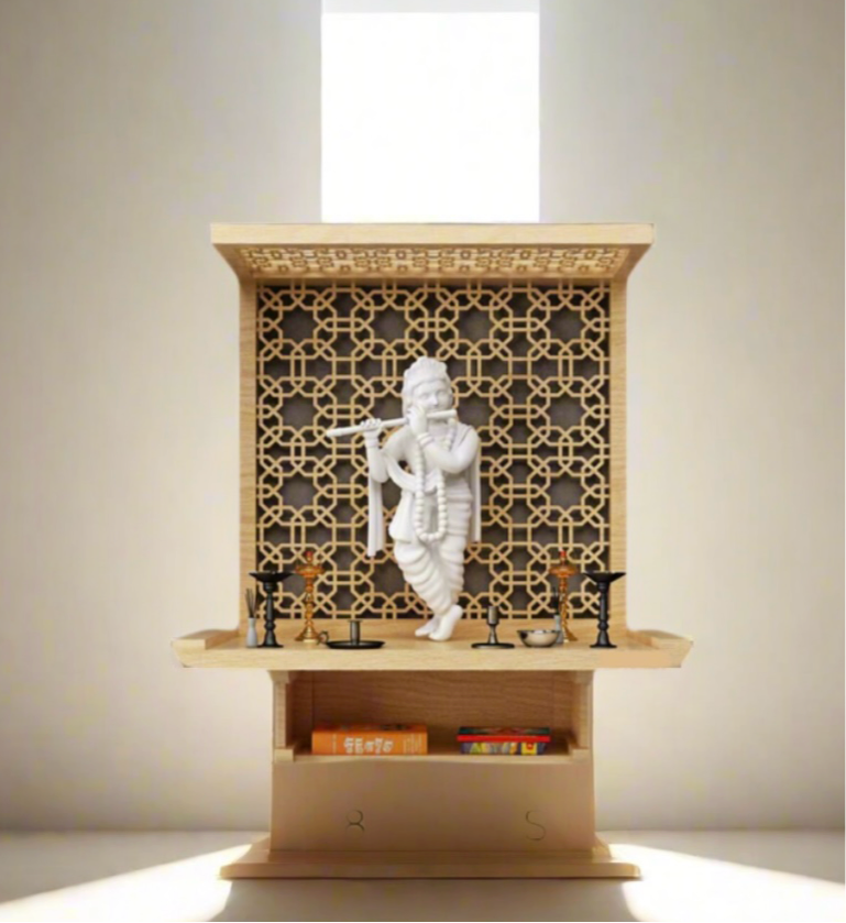 Featuring an intricately designed jali backdrop, spacious storage, and a divine Krishna idol, this mandir is perfect for traditional and modern homes.