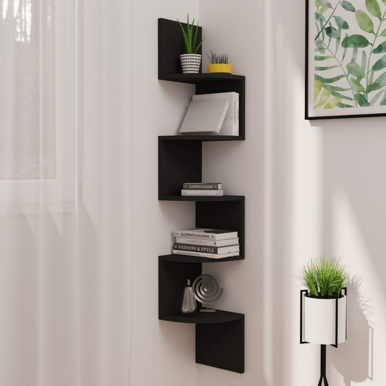 Wooden Wall Shelves Corner Hanging Shelf 5 Tiers - Modern Corner Wall Shelf – Space-Saving Black Floating Shelf for Home Décor and Storage"